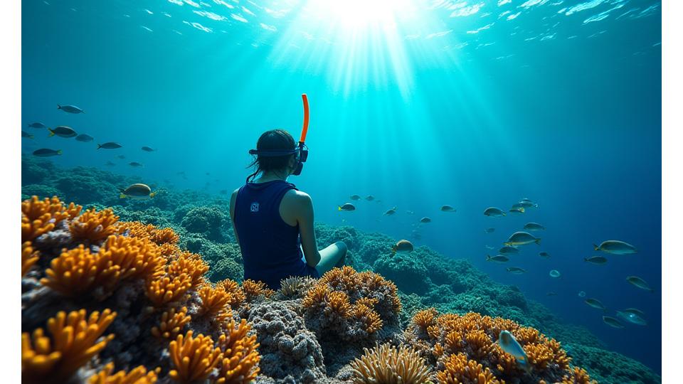 Snorkeler observing vibrant coral reef and tropical fish